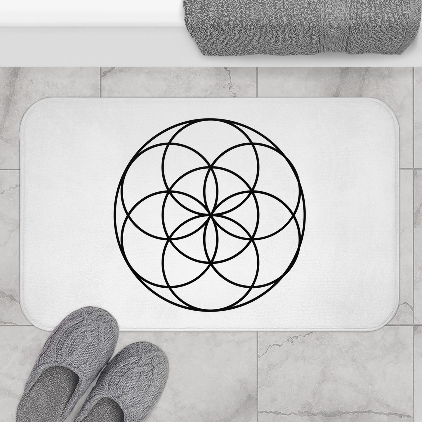 SEED OF LIFE - Samen des Lebens - HEILIGE GEOMETRIE • Badvorleger Weiss / Fussmatte / Badteppich EXTRA Weich • 53 x 86 cm