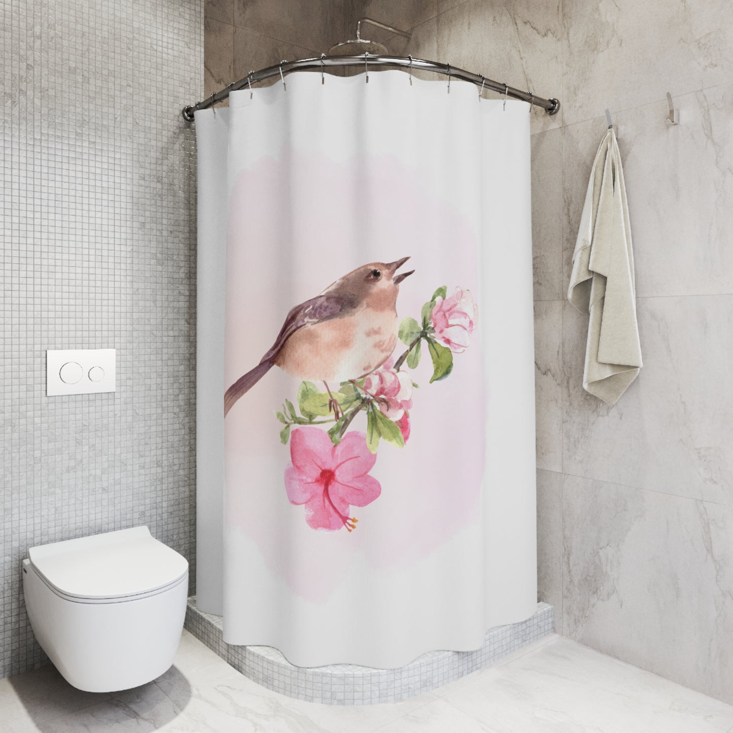 VOGEL BLUMEN - AQUARELL ZEICHNUNG • Hochwertiger, Schöner Duschvorhang 180x200 cm Weiss