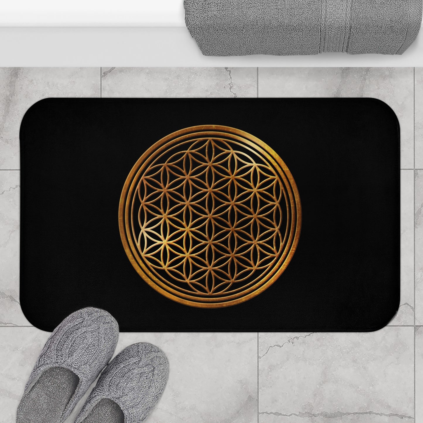 BLUME DES LEBENS BRONZE • Badvorleger Schwarz / Fussmatte / Badteppich EXTRA Weich • 53 x 86 cm
