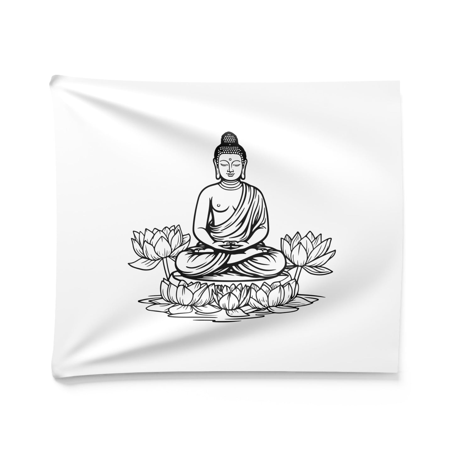 BUDDHA FIGUR zwischen LOTUSBLÜTEN • Wandtuch • Wandttepich Schwarz Weiß • Wanddekor in v. Größen bis XXL