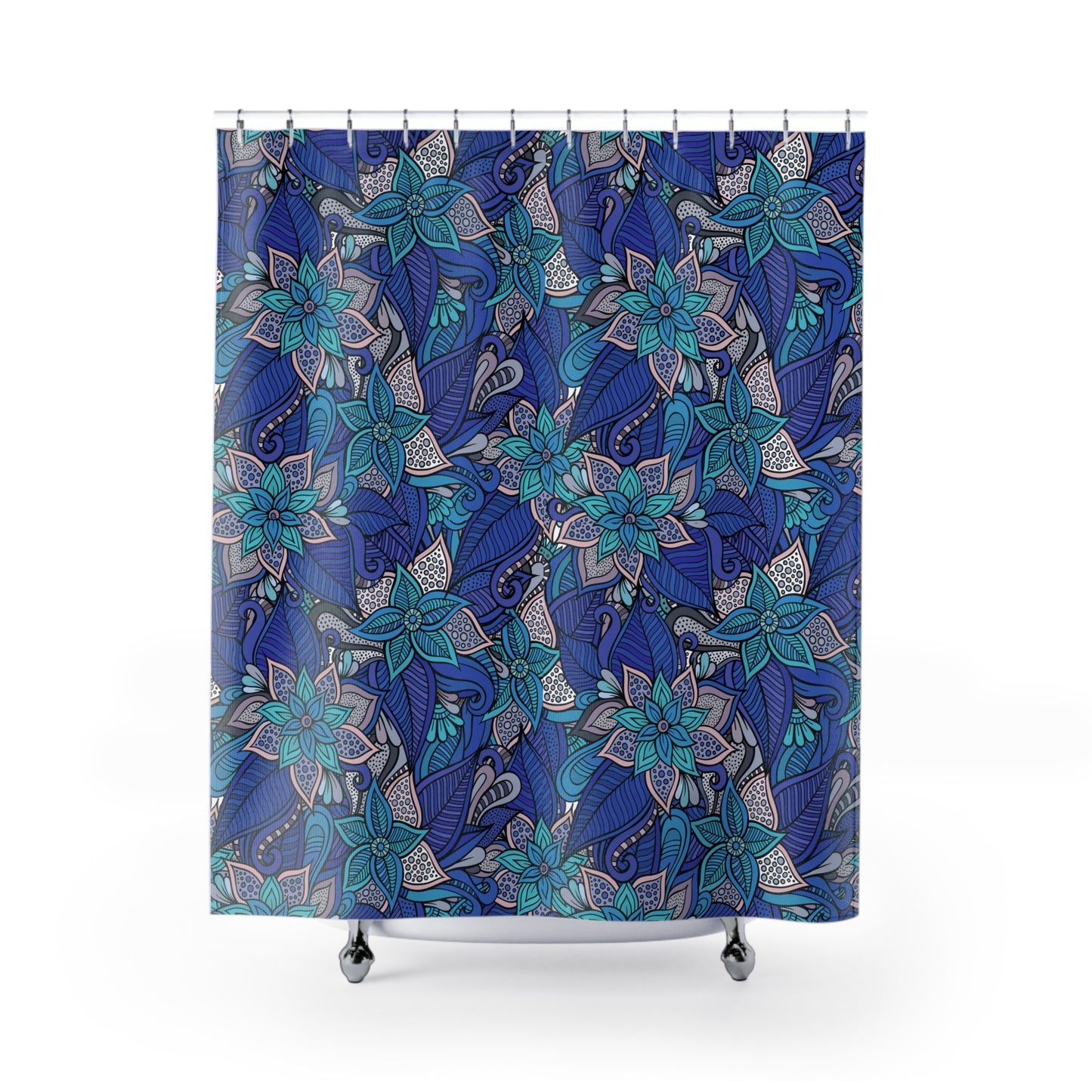 BLUMENMUSTER TÜRKIS BLAU • Hochwertiger, Schöner Duschvorhang 180x200 cm