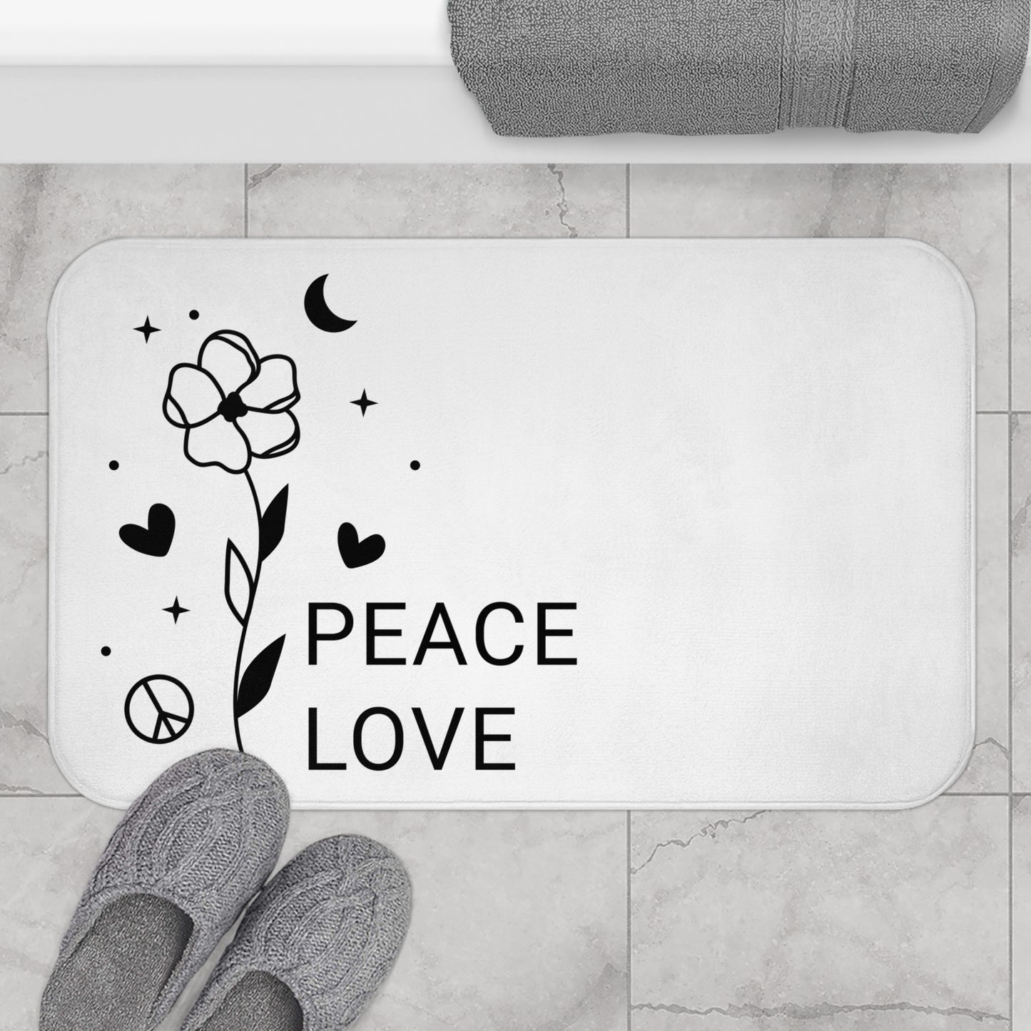 PEACE ZEICHEN LOVE HERZ BLUME MOND • Badvorleger Weiss / Fussmatte / Badteppich EXTRA Weich • 43 x 61 cm & 53 x 86 cm