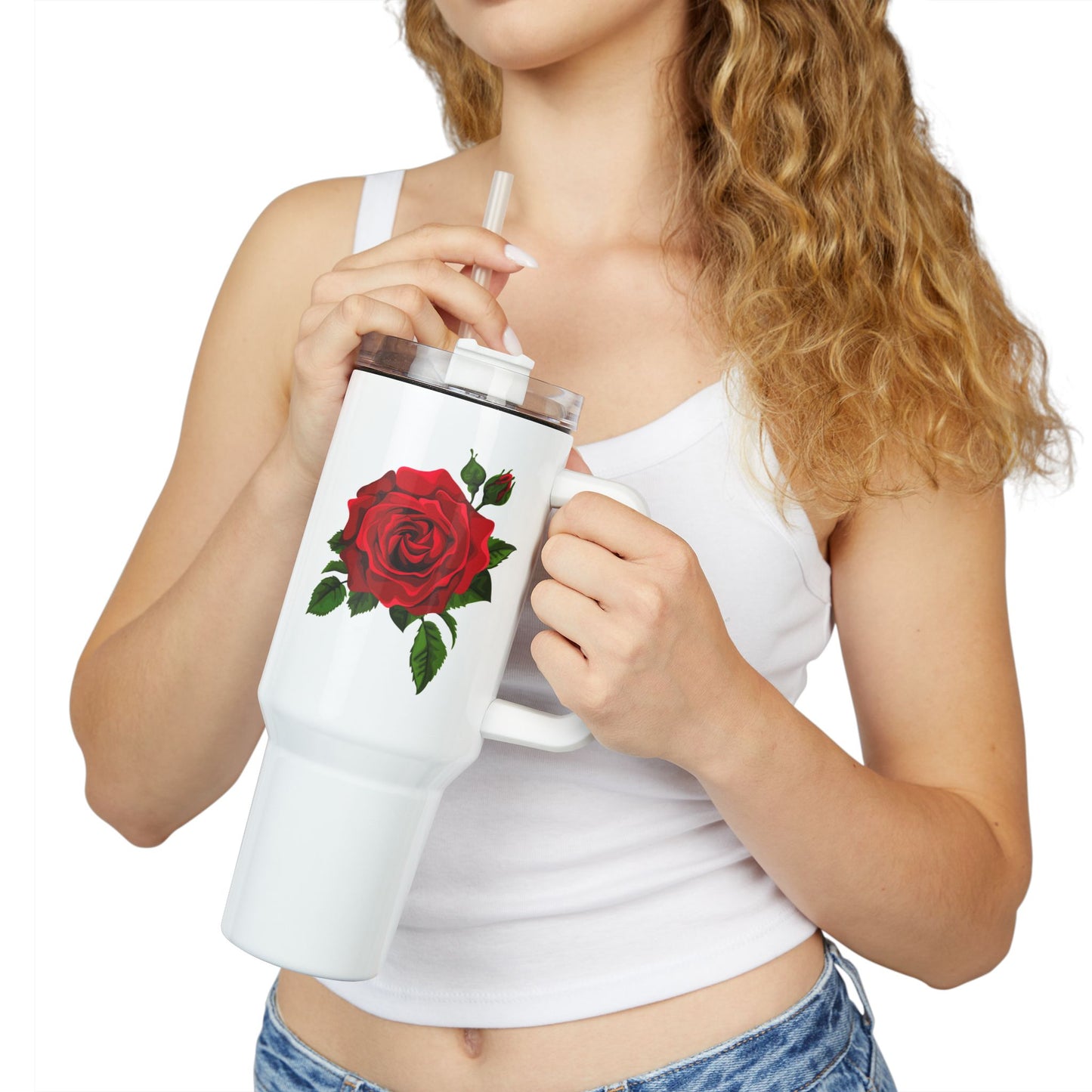 ROSEN BILD ROSENBLÜTE ZEICHNUNG • Tumbler mit Henkel & Strohhalm • XXL Reisebecher 1,2L