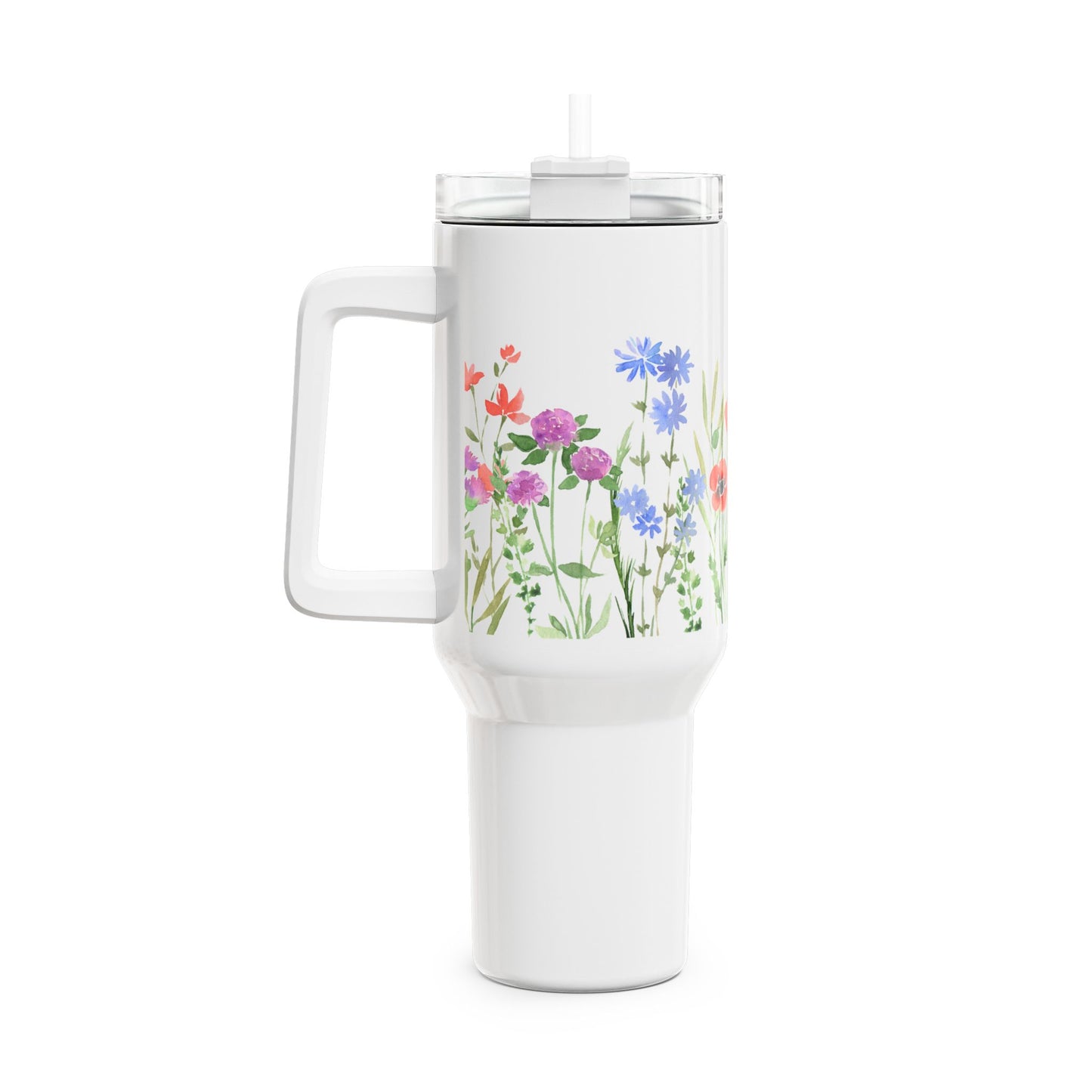 BLUMEN HANDGEMALTES DESIGN • Tumbler mit Henkel & Strohhalm • XXL Reisebecher 1,2L
