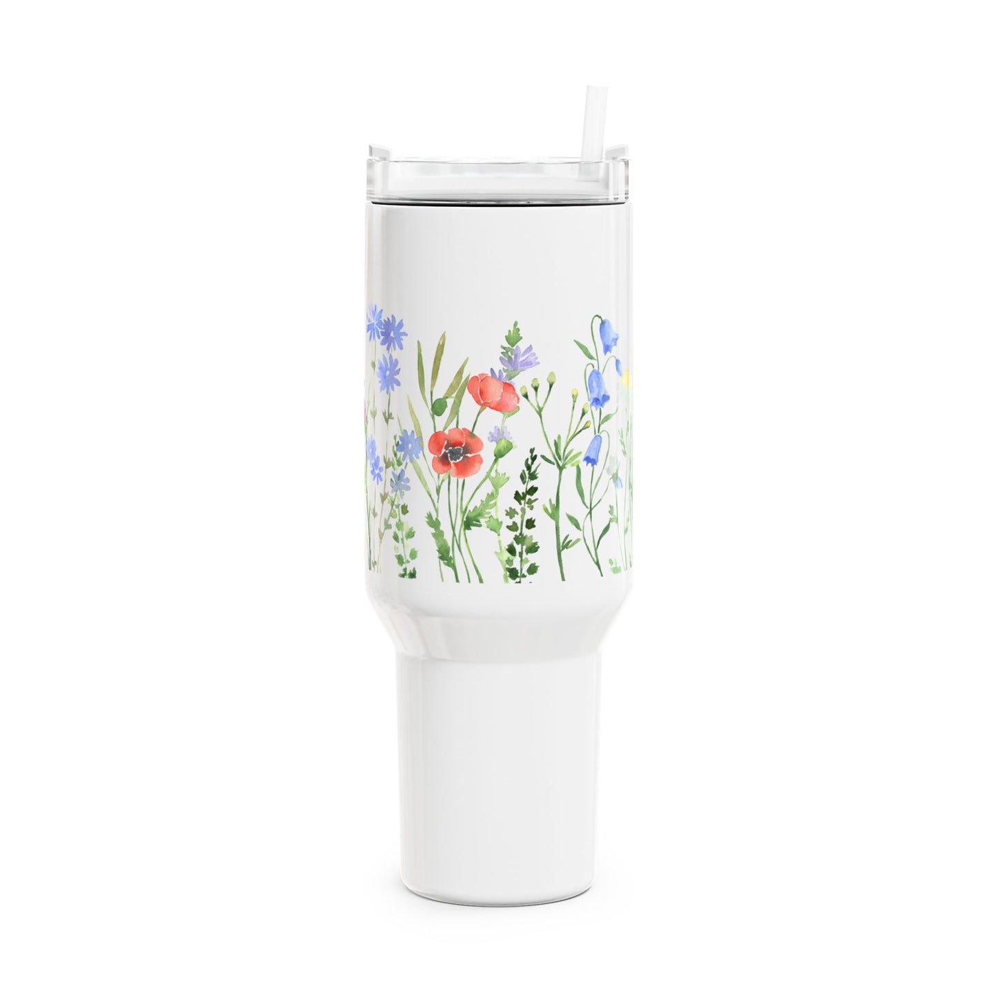 BLUMEN HANDGEMALTES DESIGN • Tumbler mit Henkel & Strohhalm • XXL Reisebecher 1,2L