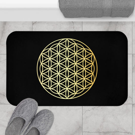 BLUME DES LEBENS GELBGOLD • Badvorleger Schwarz / Fussmatte / Badteppich EXTRA Weich • 53 x 86 cm