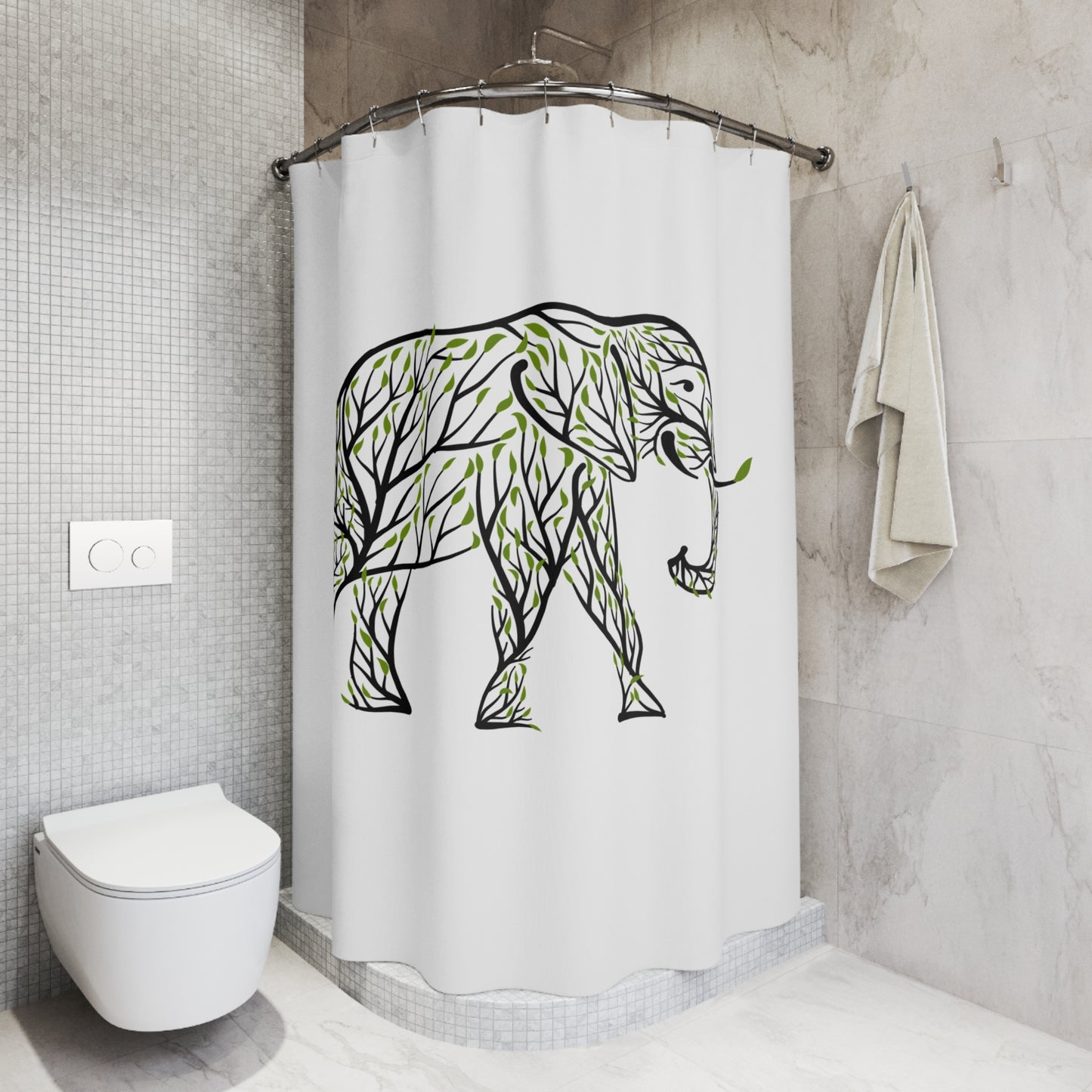 ELEFANT GRÜNE BLÄTTER BÄUME  • Hochwertiger, Schöner Duschvorhang 180x200 cm Weiss