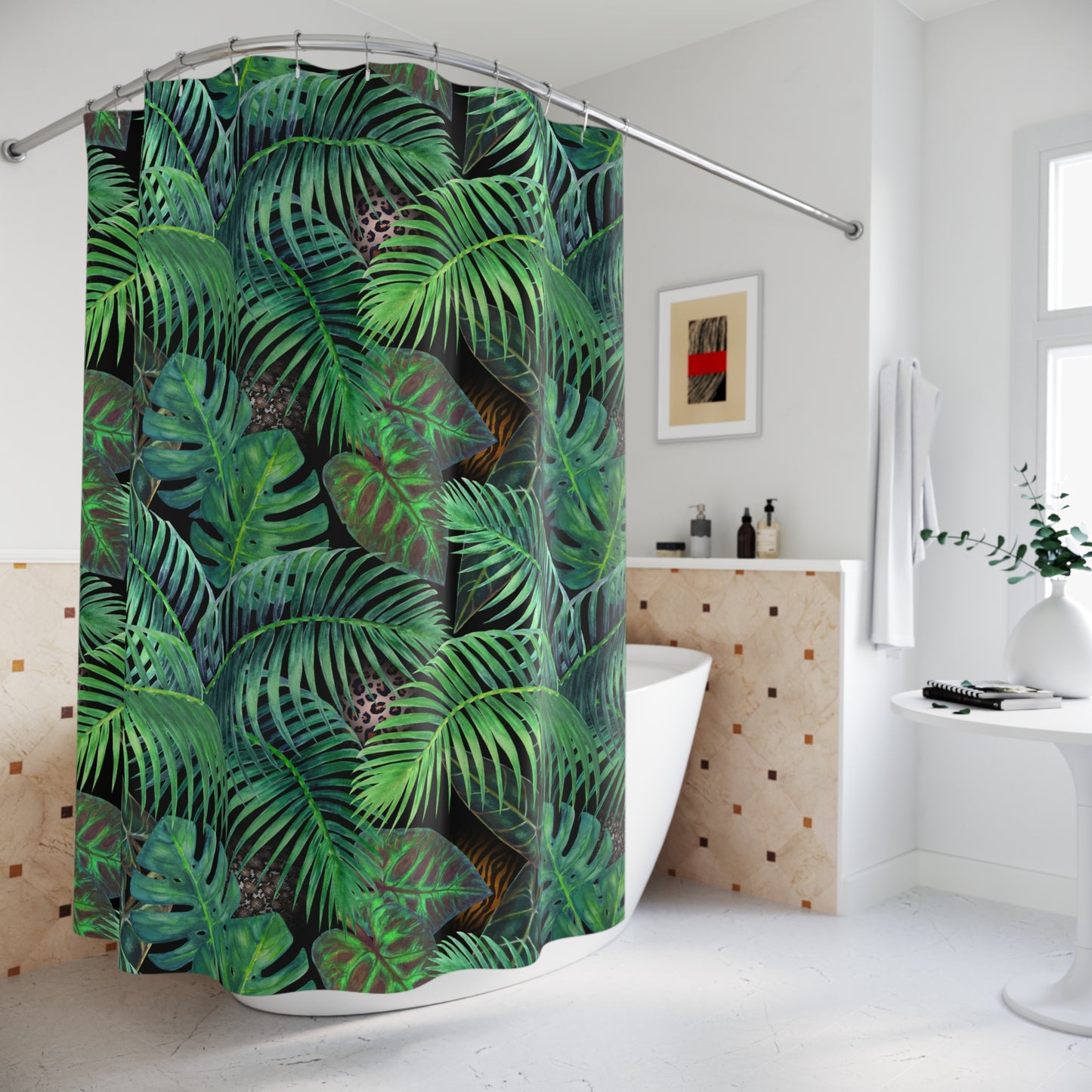 GRÜNE BLÄTTER DSCHUNGEL FARN • Hochwertiger, Schöner Duschvorhang 180x200 cm Weiss
