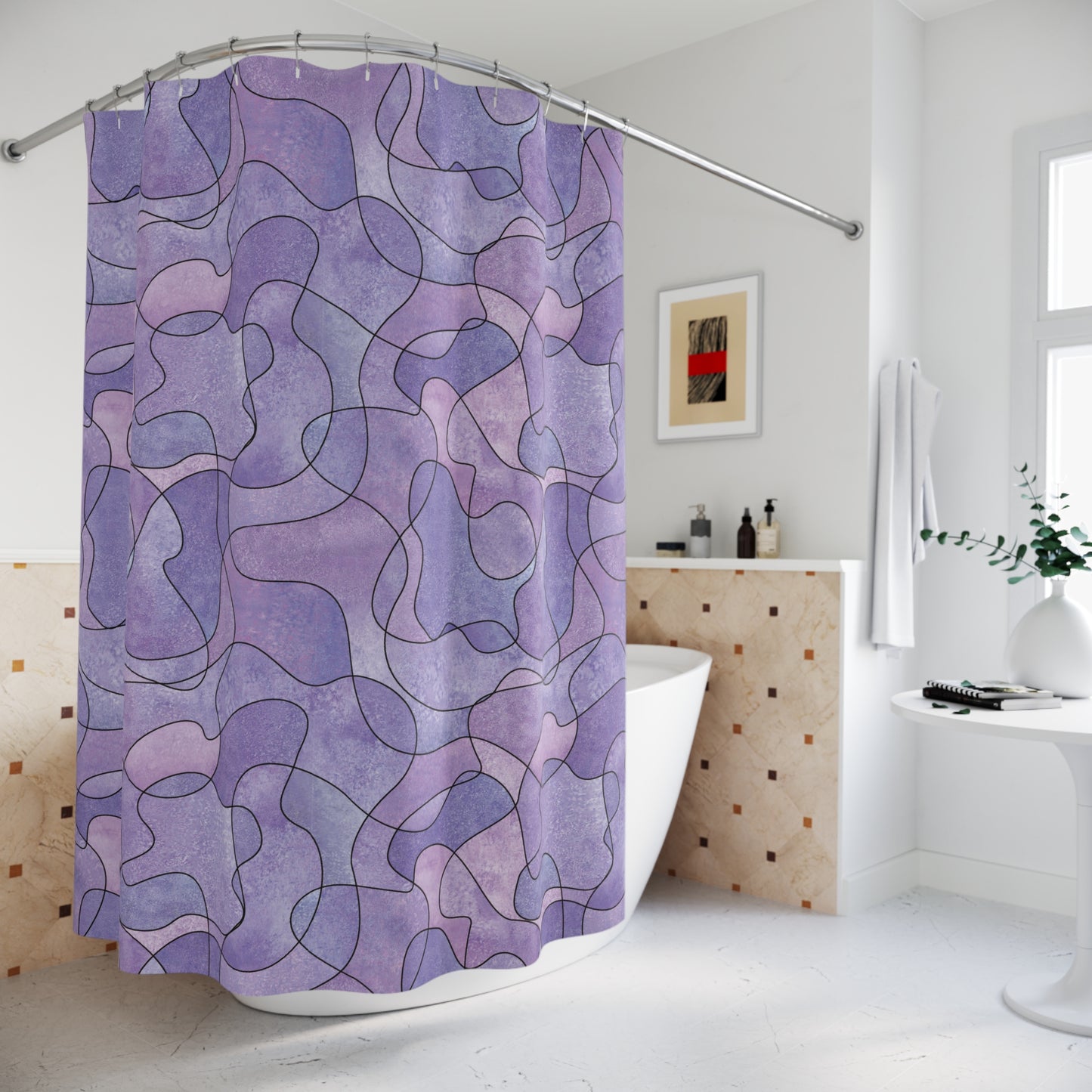 LILA VIOLET IN ZARTEN LINIEN • Schöner Duschvorhang 180x200 cm Weiss