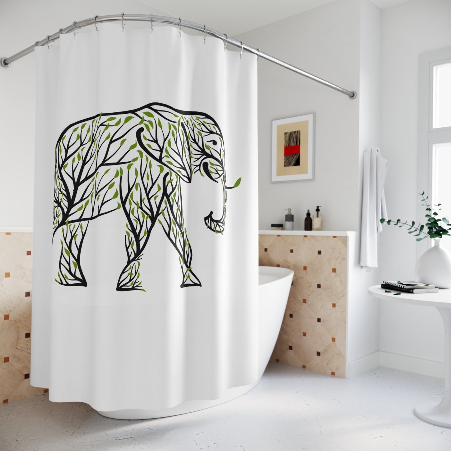 ELEFANT GRÜNE BLÄTTER BÄUME  • Hochwertiger, Schöner Duschvorhang 180x200 cm Weiss
