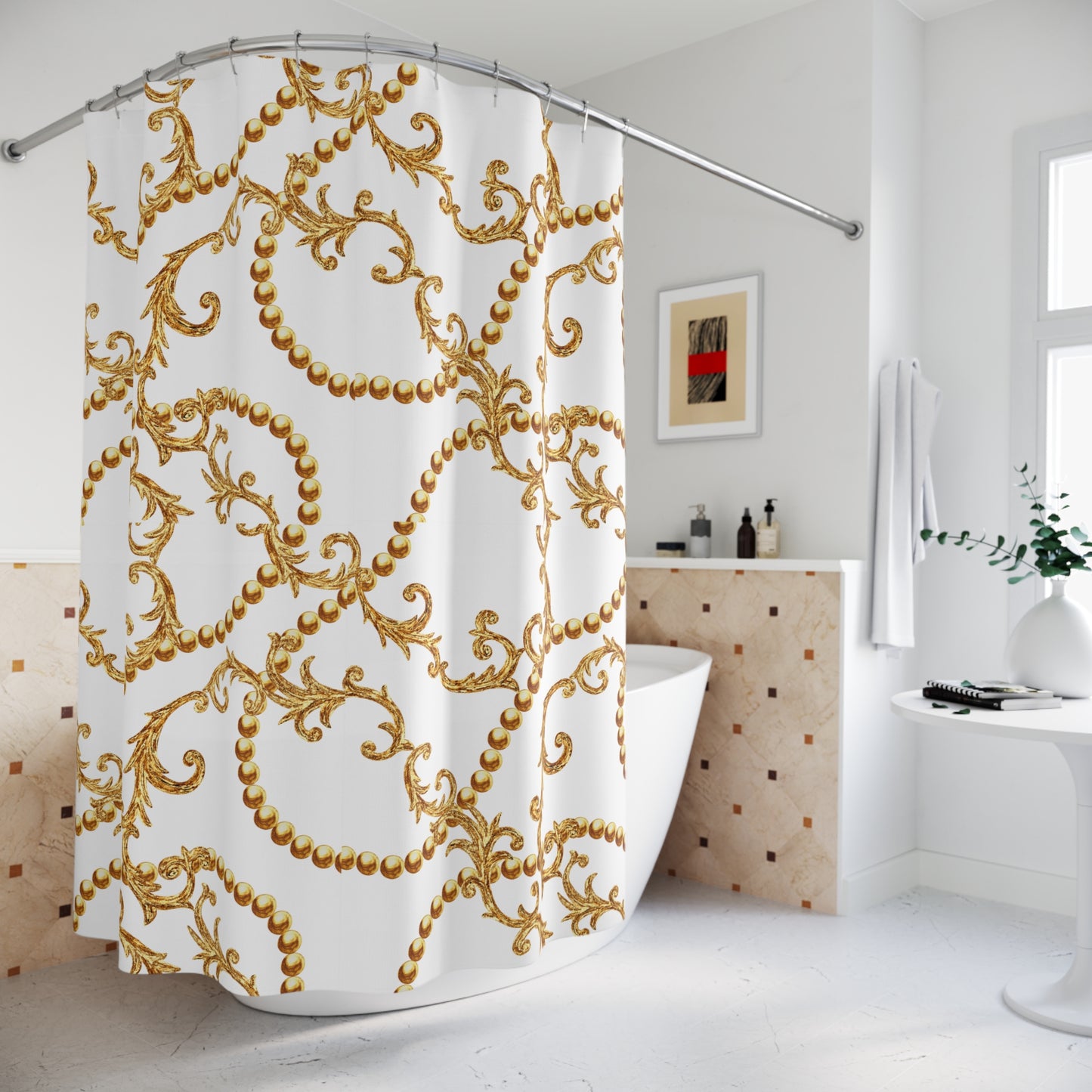 LUXUS VORHANG - BAROCK FLORALER GOLDSCHMUCK • Hochwertiger, Schöner Duschvorhang 180x200 cm Weiss