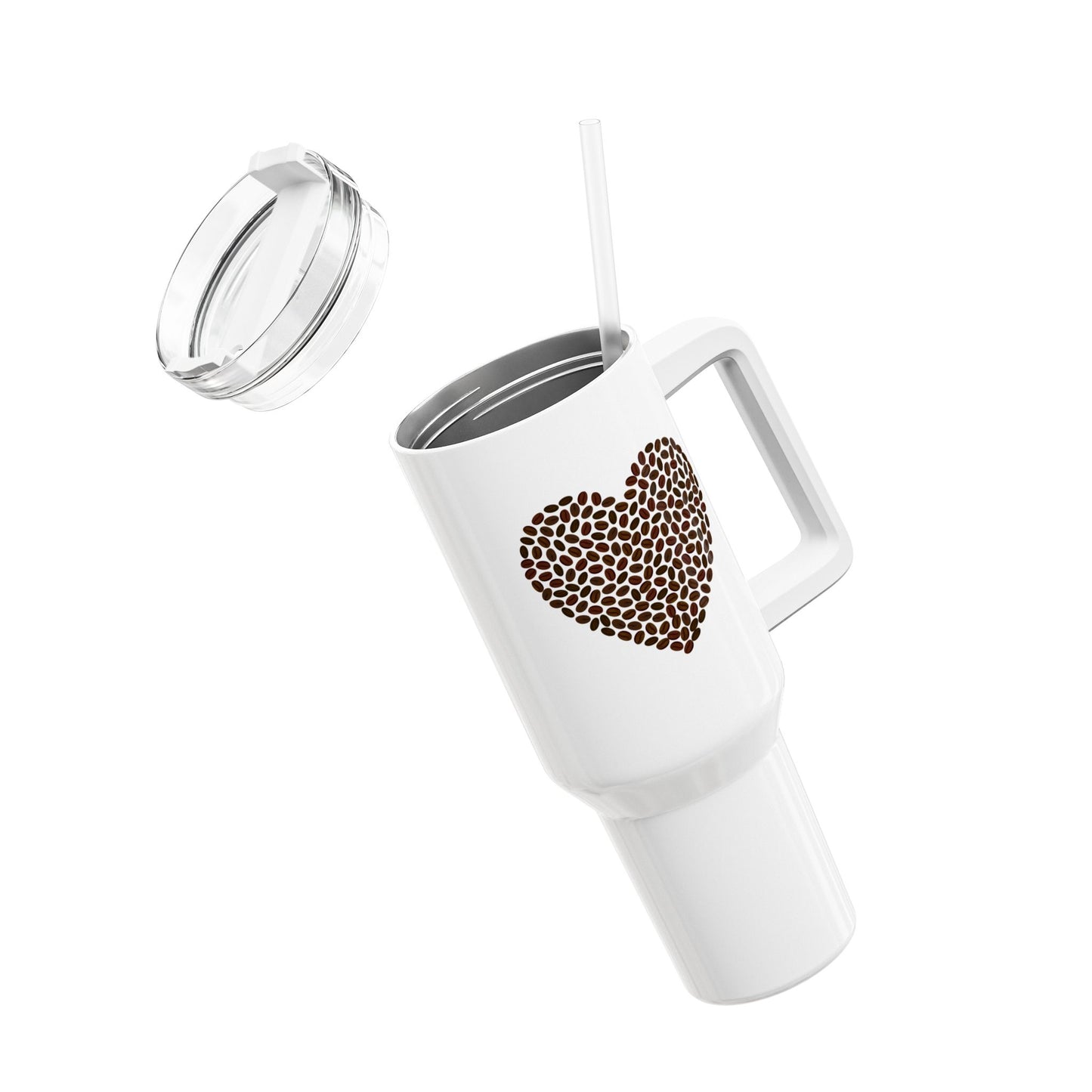 KAFFEEBOHNEN HERZ FÜR KAFFEELIEBHABER • Liebesbeweis Geschenk • Tumbler mit Henkel & Strohhalm • XXL Reisebecher 1,2L