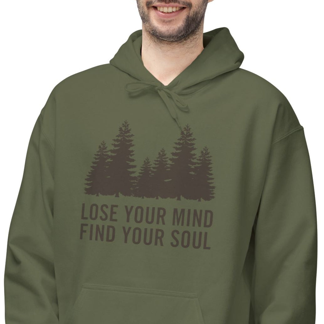 LOSE YOUR MIND FIND YOUR SOUL• Wald Bäume Motiv Bild Zeichnung • Inspirierender Spruch Hoodie für Damen & Herren • Baumwolle 🌿