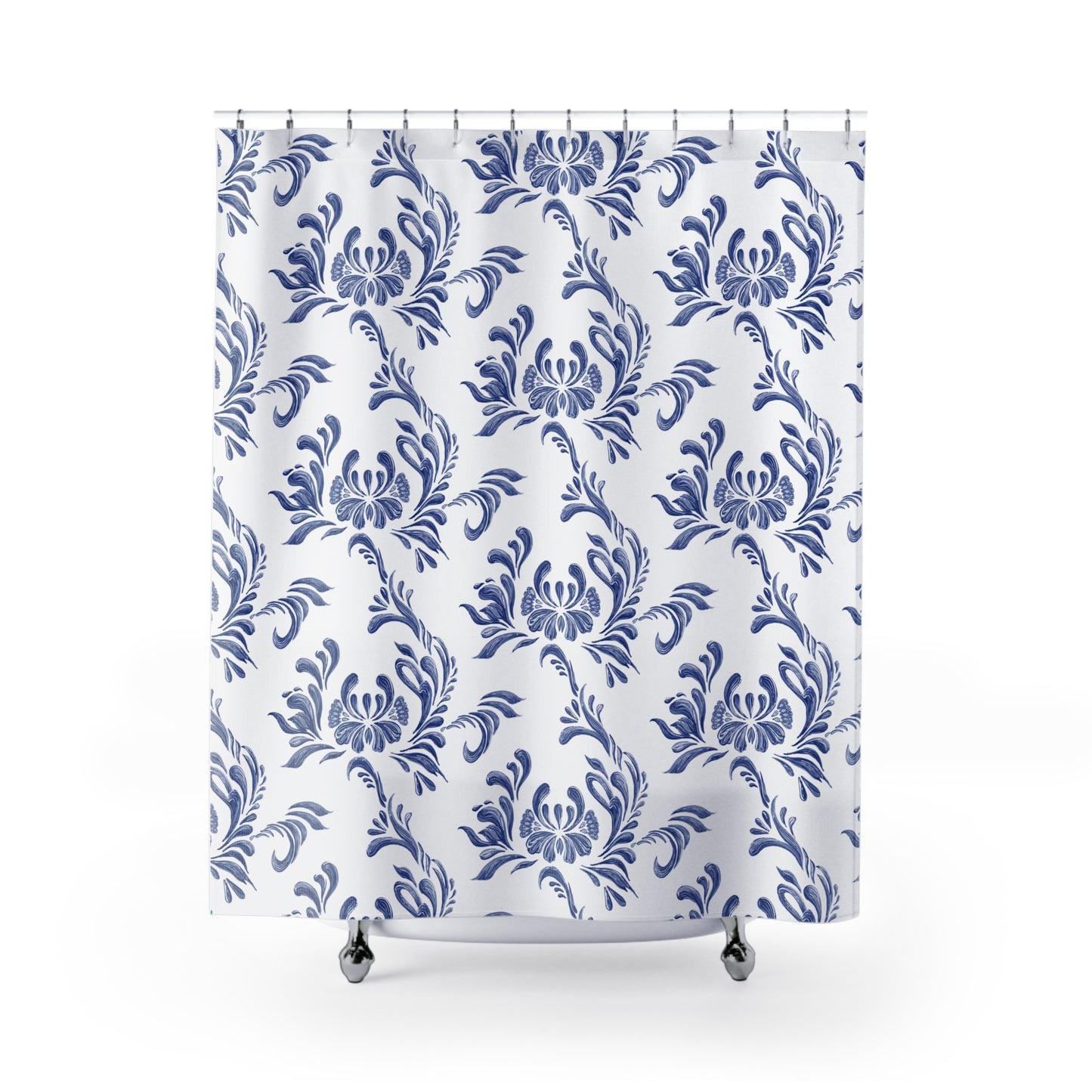 FLORALES BLUES BLUMENMUSTER • Hochwertiger, Schöner Duschvorhang 180x200 cm Weiss