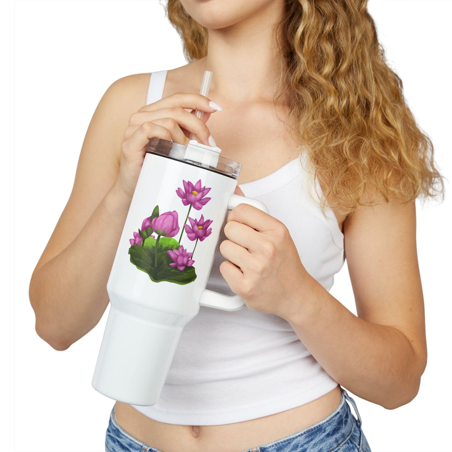 LOTUSBLUMEN LOTUSBLÜTEN PINK VIOLET • Tumbler mit Henkel & Strohhalm • XXL Reisebecher 1,2L