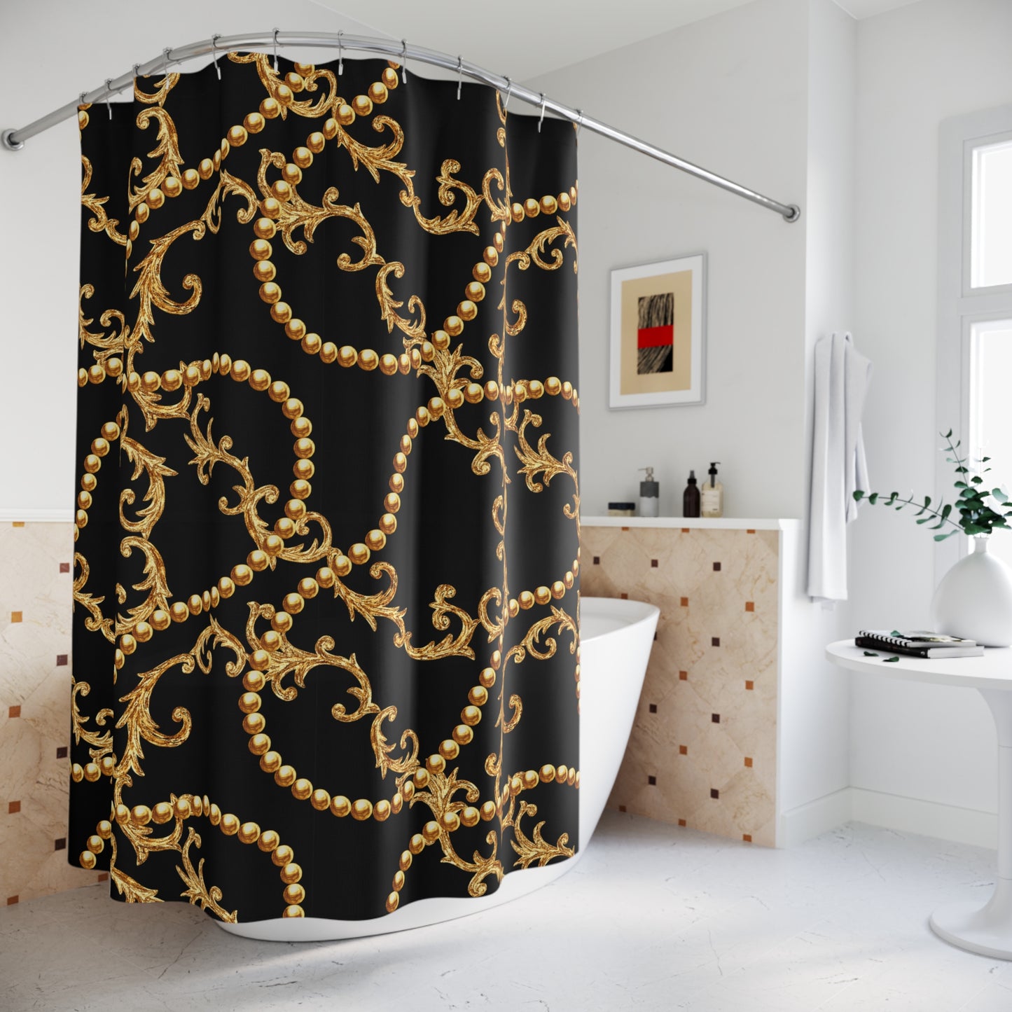 LUXUS GOLDSCHMUCK BAROCK • Hochwertiger, Schöner Duschvorhang 180x200 cm SCHWARZ