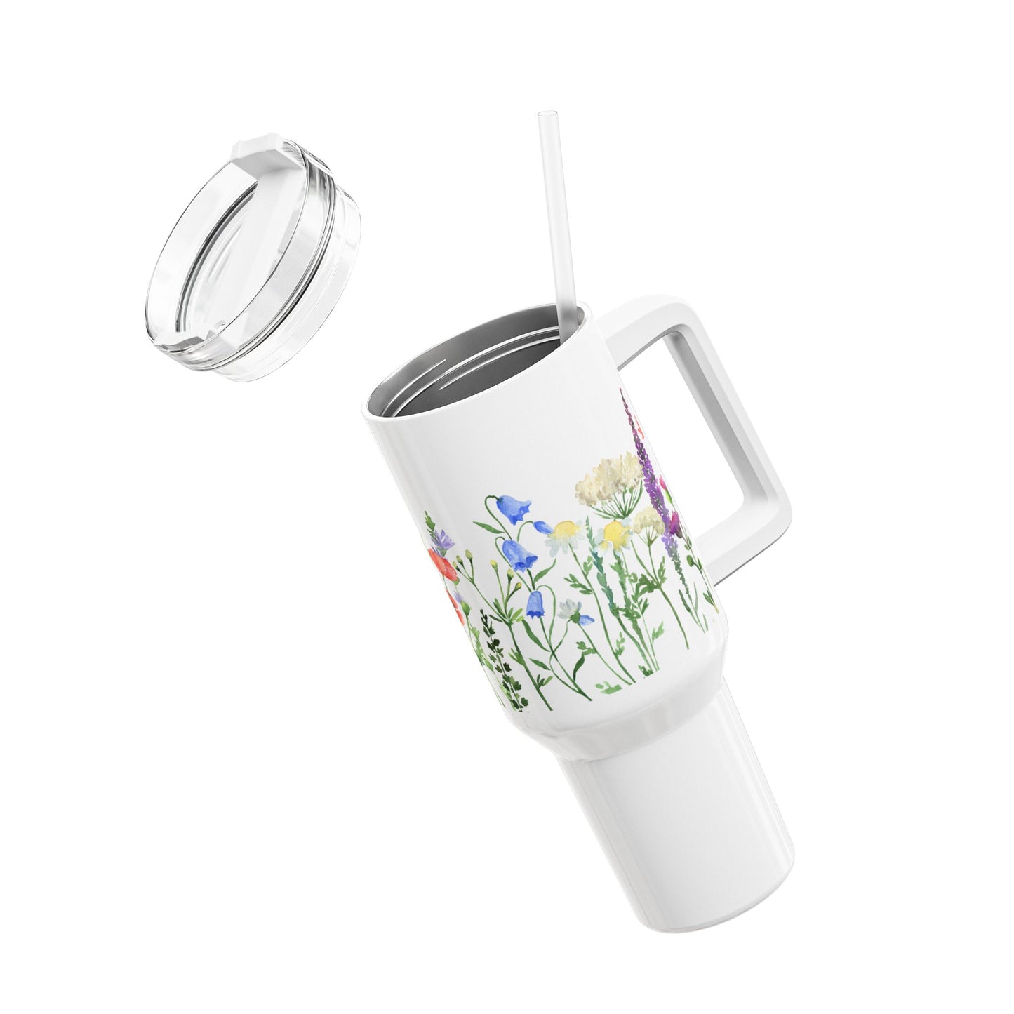BLUMEN HANDGEMALTES DESIGN • Tumbler mit Henkel & Strohhalm • XXL Reisebecher 1,2L