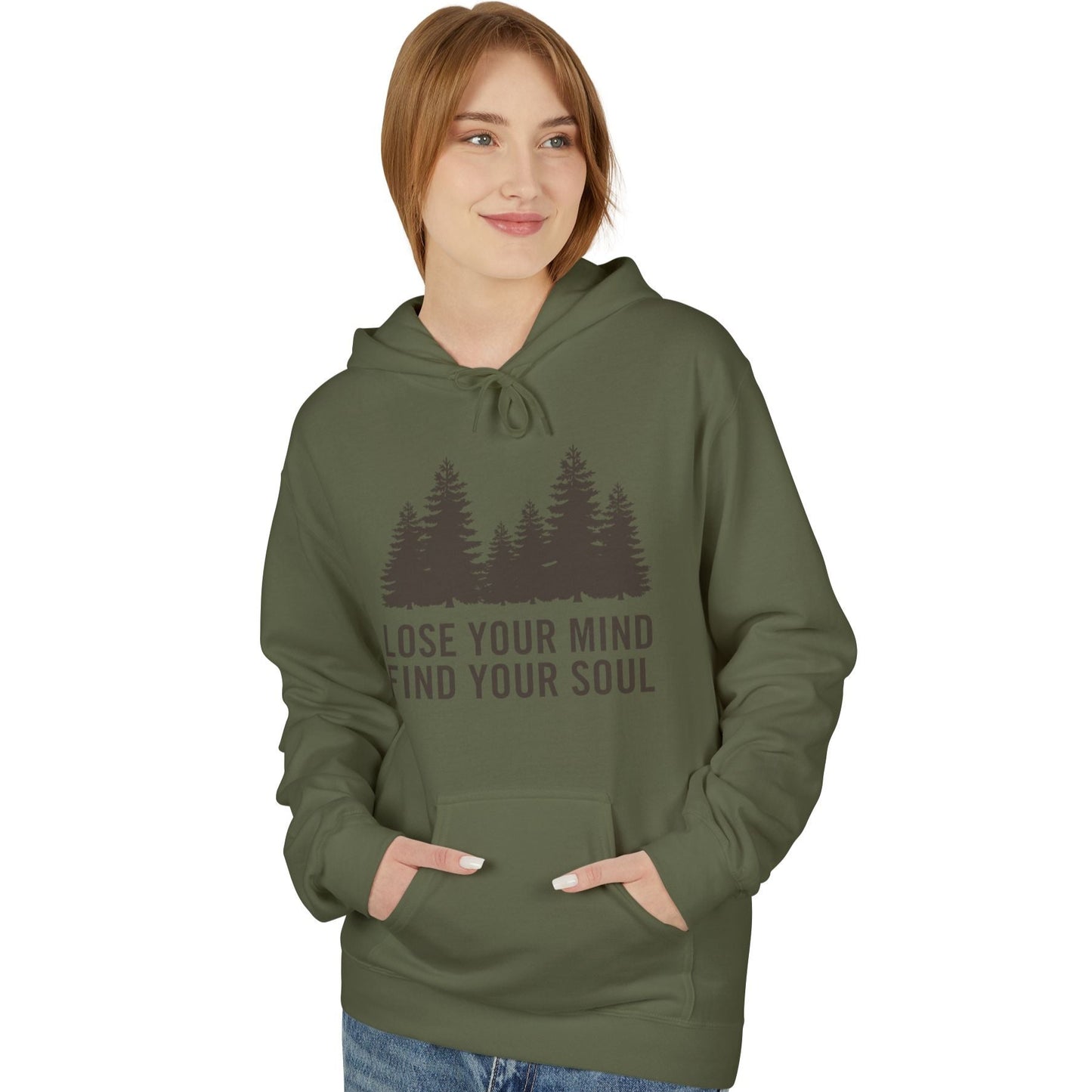 LOSE YOUR MIND FIND YOUR SOUL• Wald Bäume Motiv Bild Zeichnung • Inspirierender Spruch Hoodie für Damen & Herren • Baumwolle 🌿