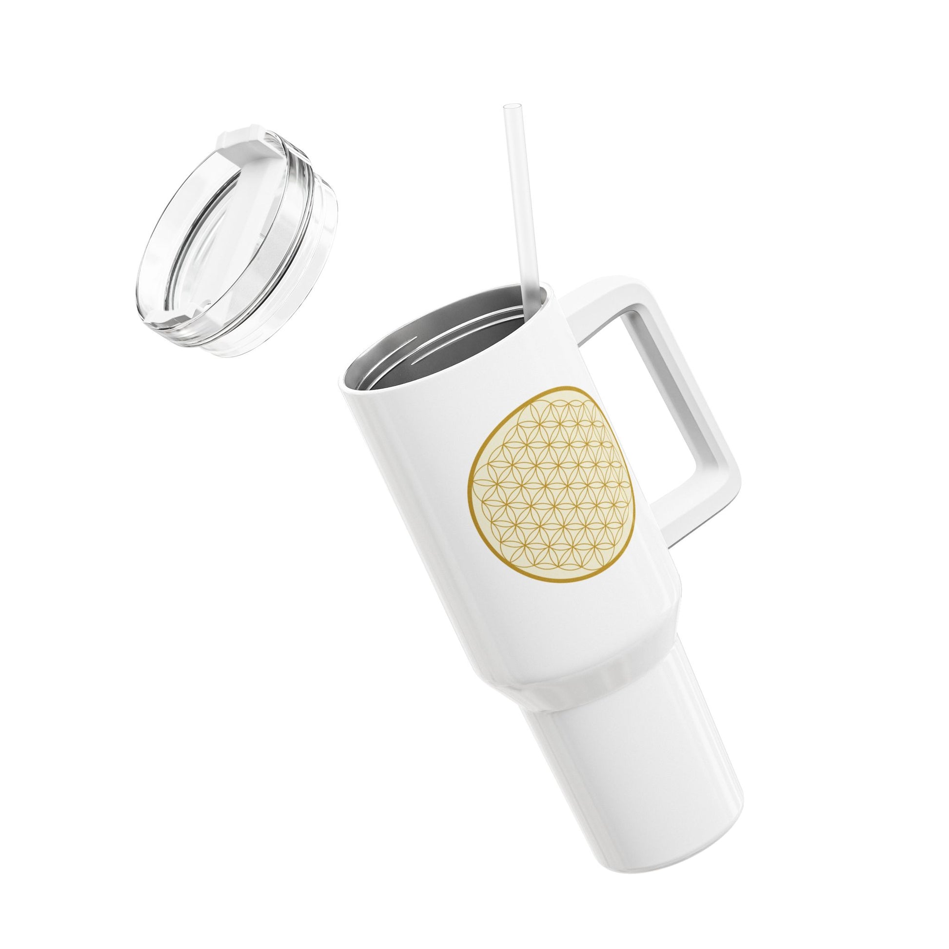 BLUME DES LEBENS GOLDGELB • Tumbler mit Henkel & Strohhalm • XXL Reisebecher 1,2L - YOGA SANTA