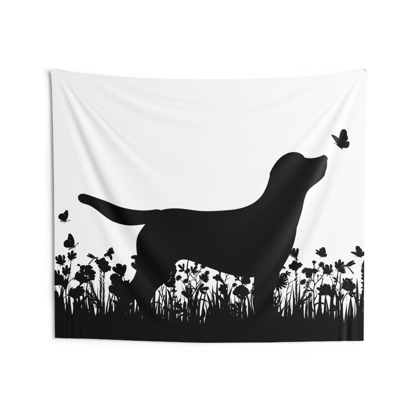 LABRADOR in BLUMENWIESE mit SCHMETTERLINGEN • Wandtuch • Wandttepich Schwarz Weiß • Wanddekor in v. Größen bis XXL