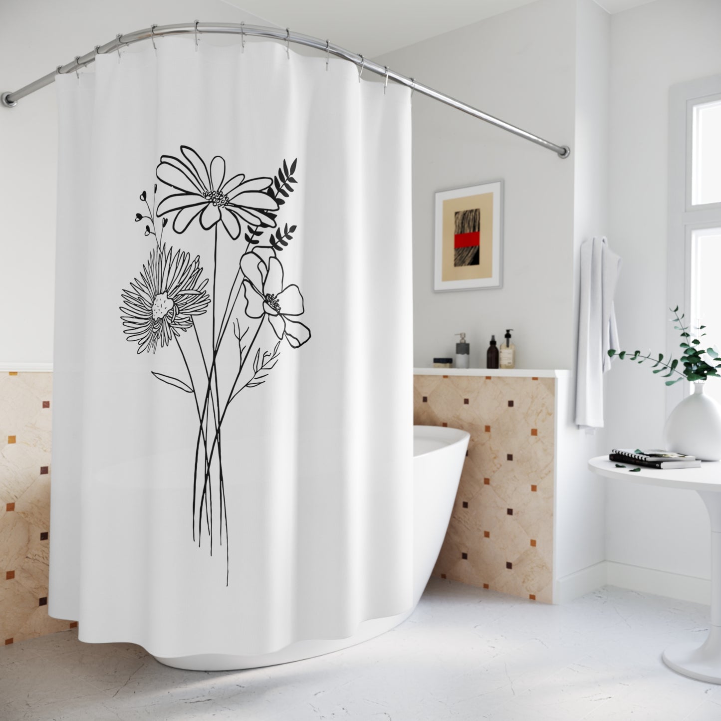 BLUMEN STRAUSS  • Hochwertiger, Schöner Duschvorhang 180x200 cm Weiss