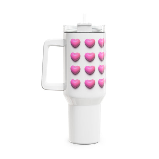 HERZEN MUSTER PINK - NIEDLICH 3D Optik • Tumbler mit Henkel & Strohhalm • XXL Reisebecher 1,2L