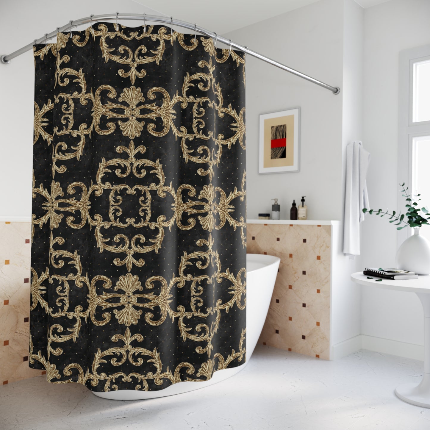 BAROCKES BLUMENMUSTER SYMMETRISCH • Luxus Duschvorhang 180x200 cm Weiss