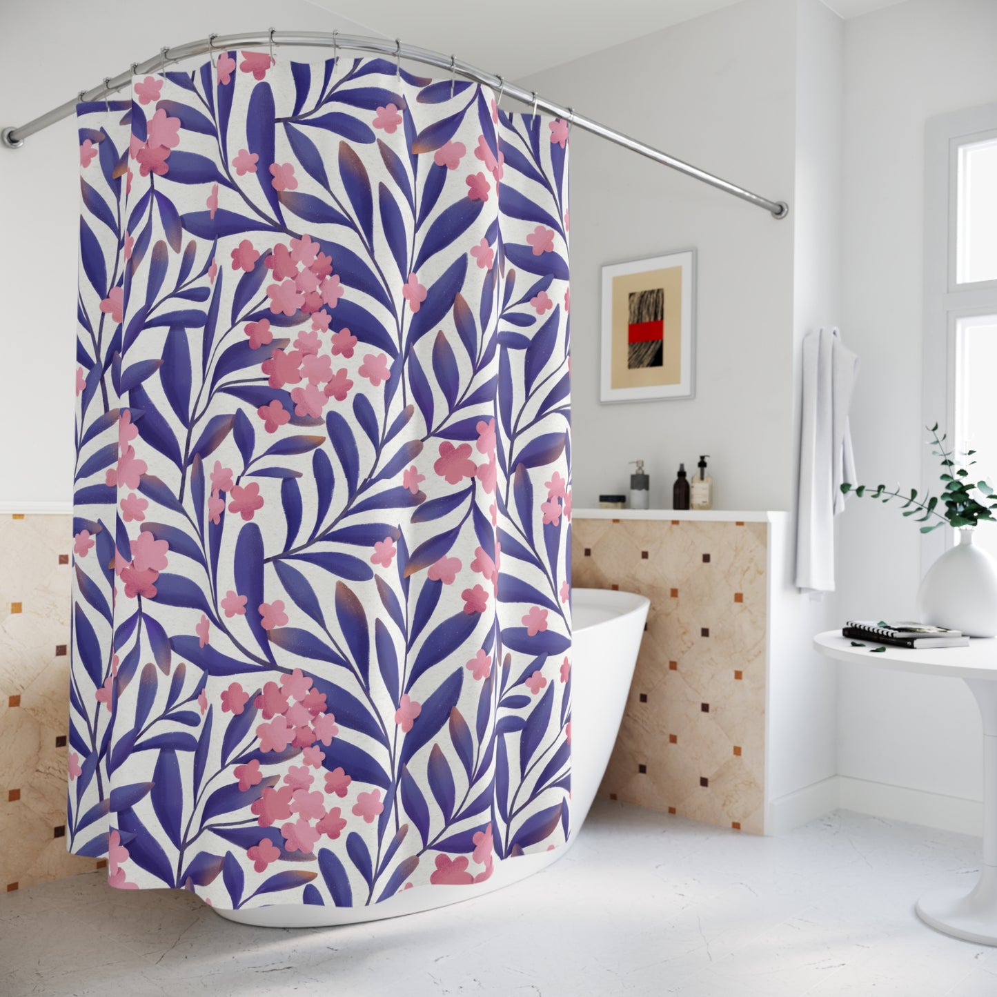 BLUMENMUSTER ROSA BLÜTEN LILA FARN • Duschvorhang 180x200 cm Weiss