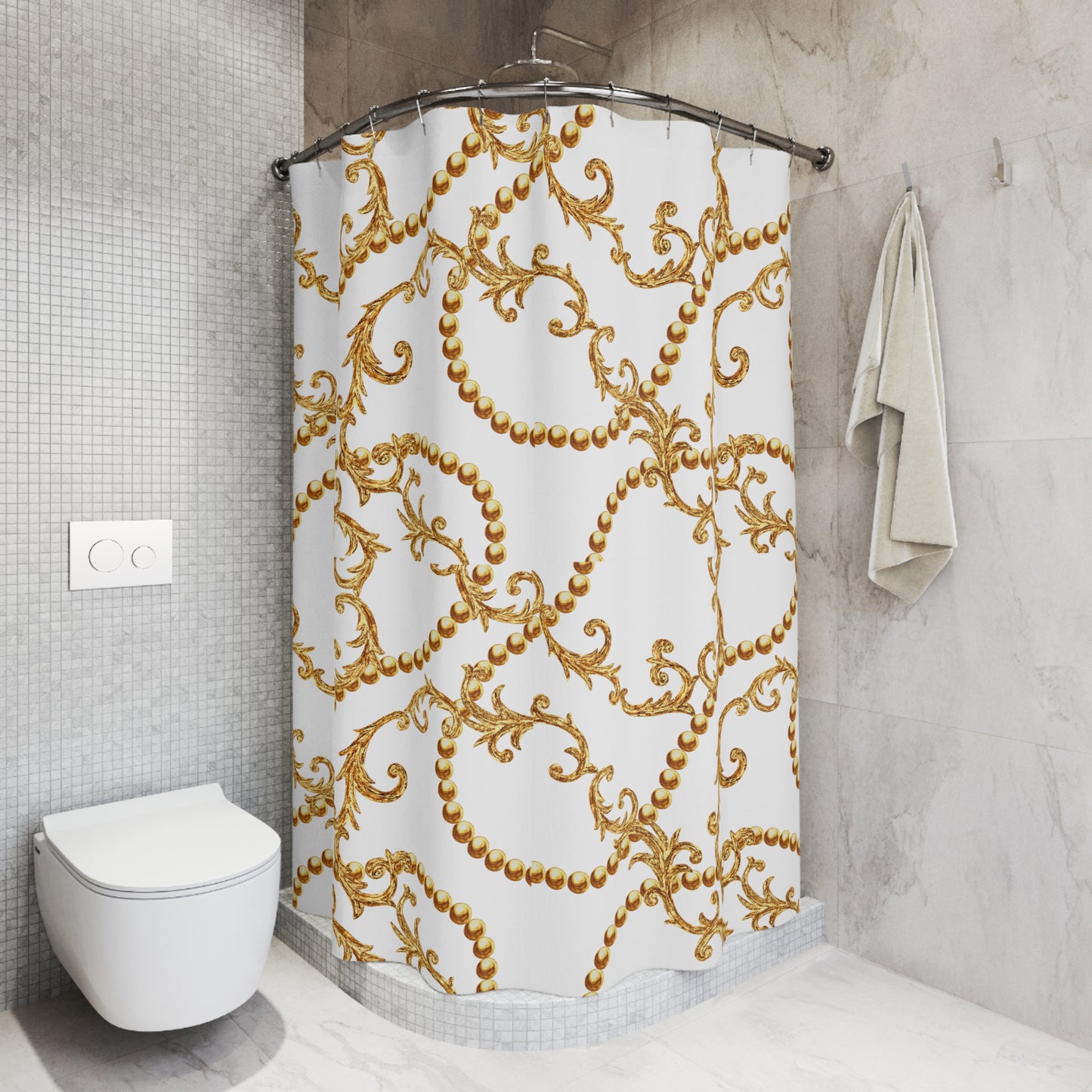 LUXUS VORHANG - BAROCK FLORALER GOLDSCHMUCK • Hochwertiger, Schöner Duschvorhang 180x200 cm Weiss
