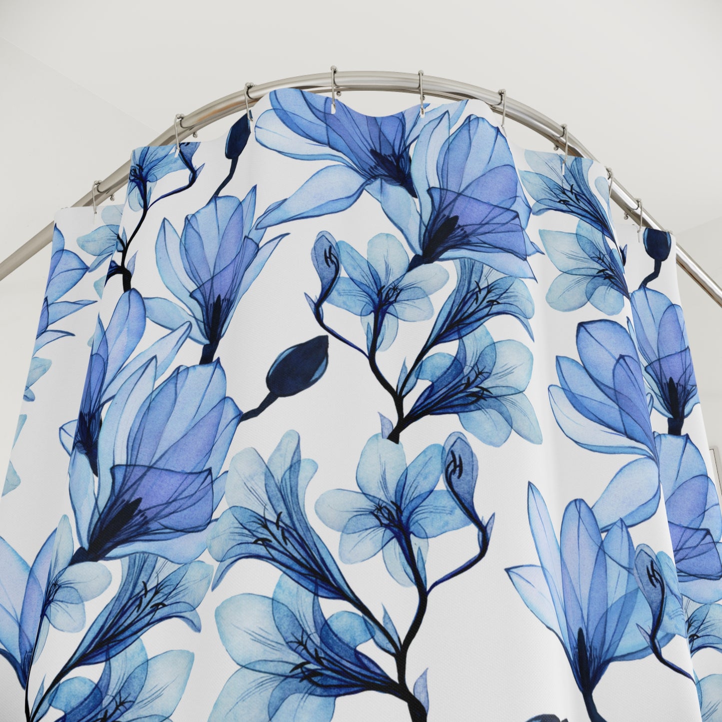 BLUMENMUSTER BLAU • Hochwertiger, Schöner Duschvorhang 180x200 cm Weiss
