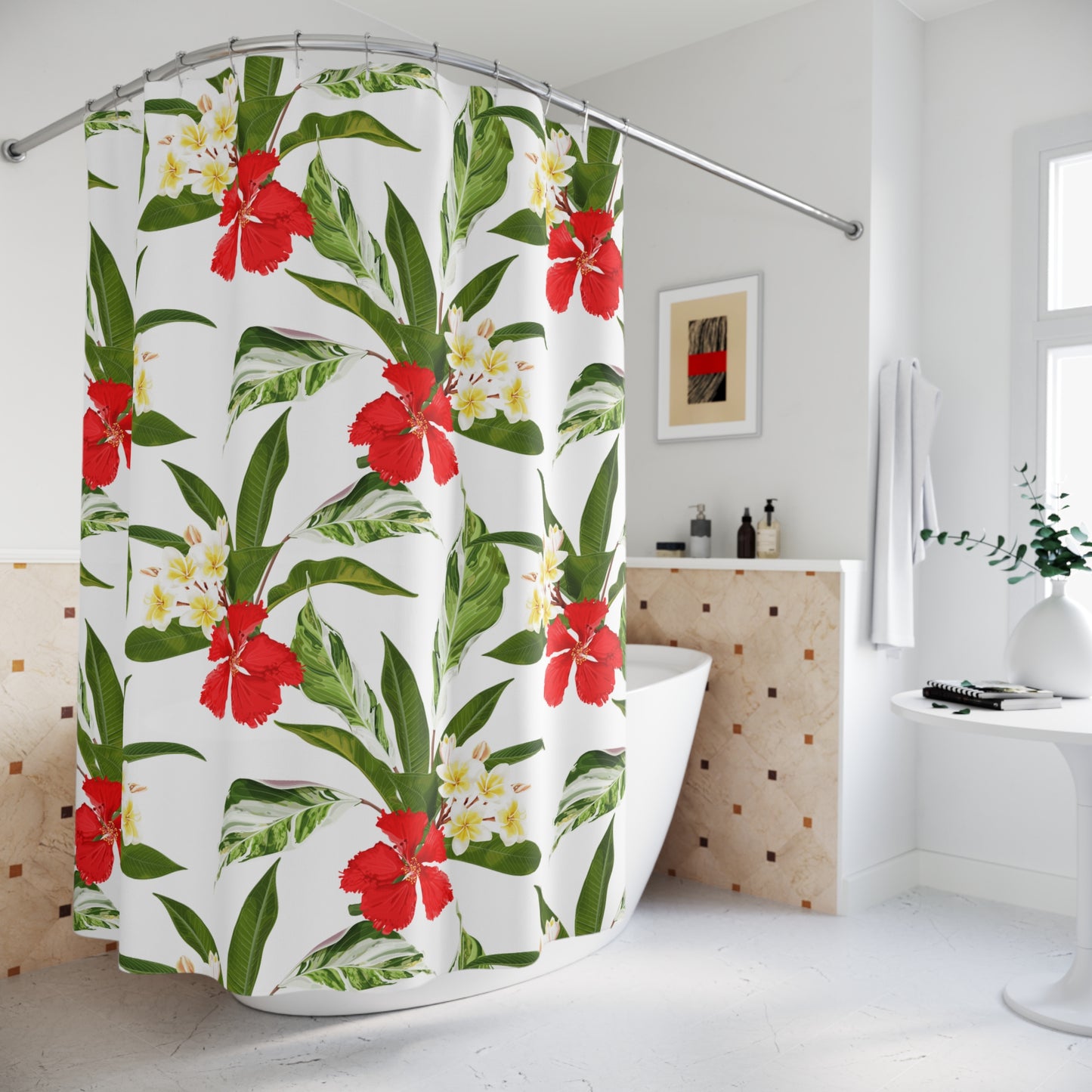 HAWAII BLUMEN, GRÜNE BLÄTTER • Schöner Duschvorhang 180x200 cm Weiss