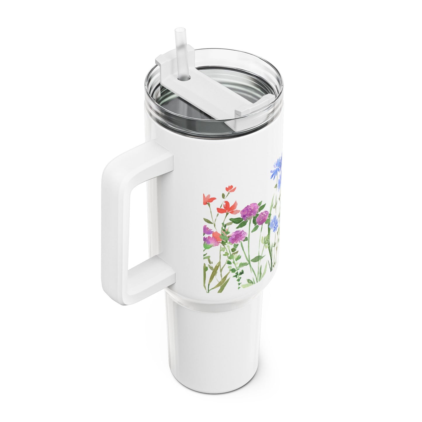 BLUMEN HANDGEMALTES DESIGN • Tumbler mit Henkel & Strohhalm • XXL Reisebecher 1,2L