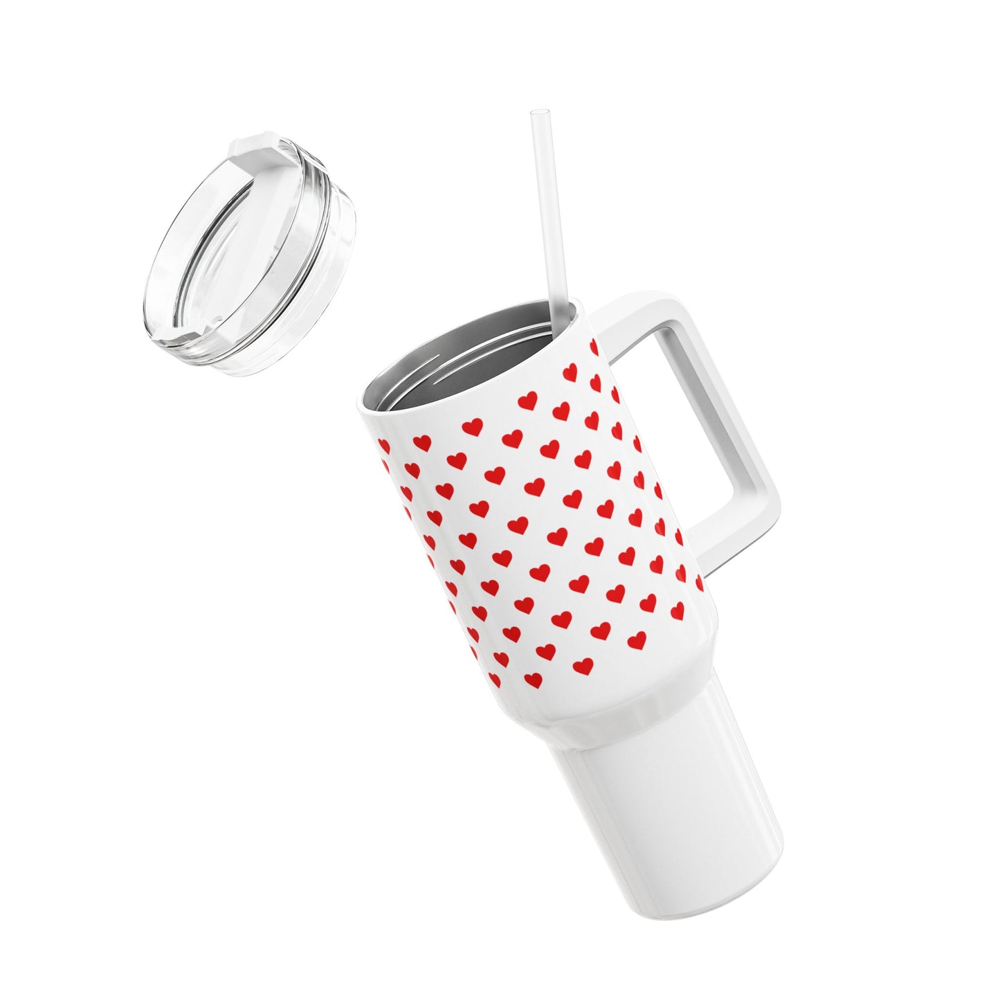 HERZEN MUSTER ROTE HERZCHEN - LOVE NIEDLICH SÜßE LIEBE  • Tumbler mit Henkel & Strohhalm • XXL Reisebecher 1,2L