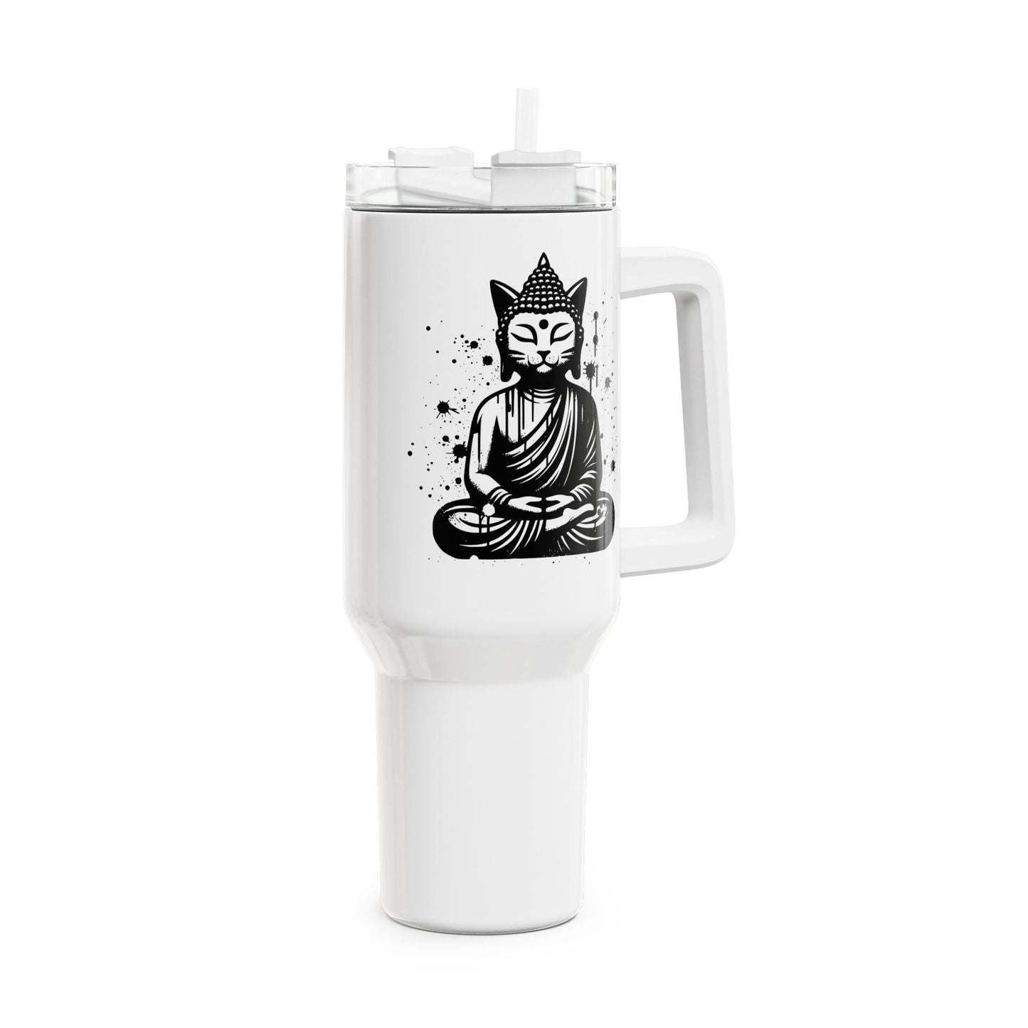 KATZEN BUDDHA FIGUR MEDITATION TIERYOGA • Tumbler mit Henkel & Strohhalm • XXL Reisebecher 1,2L - YOGA SANTA