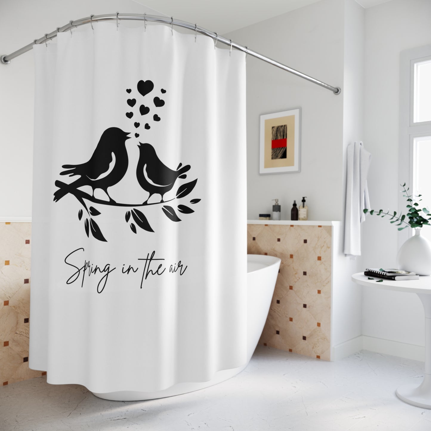 SPRING IN THE AIR - VERLIEBTE VÖGEL • LOVE Liebesbotschaft • Duschvorhang 180x200 cm Weiss