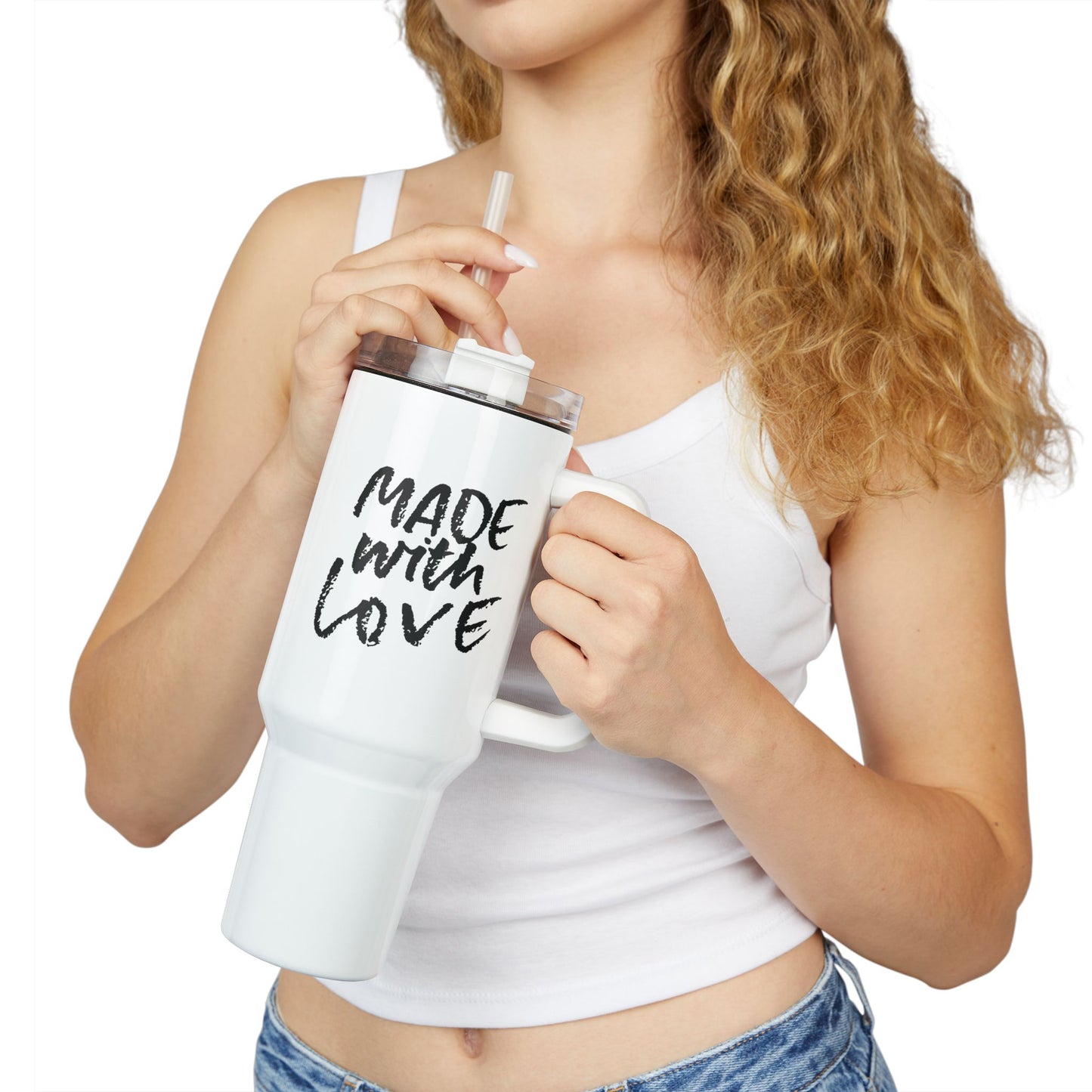 MADE WITH LOVE - Liebesbotschaft Liebes Geschenk • Tumbler mit Henkel & Strohhalm • XXL Reisebecher 1,2L - YOGA SANTA