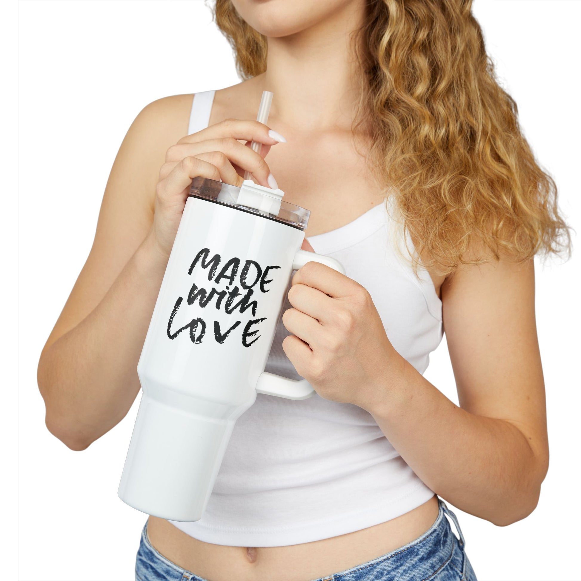 MADE WITH LOVE - Liebesbotschaft Liebes Geschenk • Tumbler mit Henkel & Strohhalm • XXL Reisebecher 1,2L - YOGA SANTA