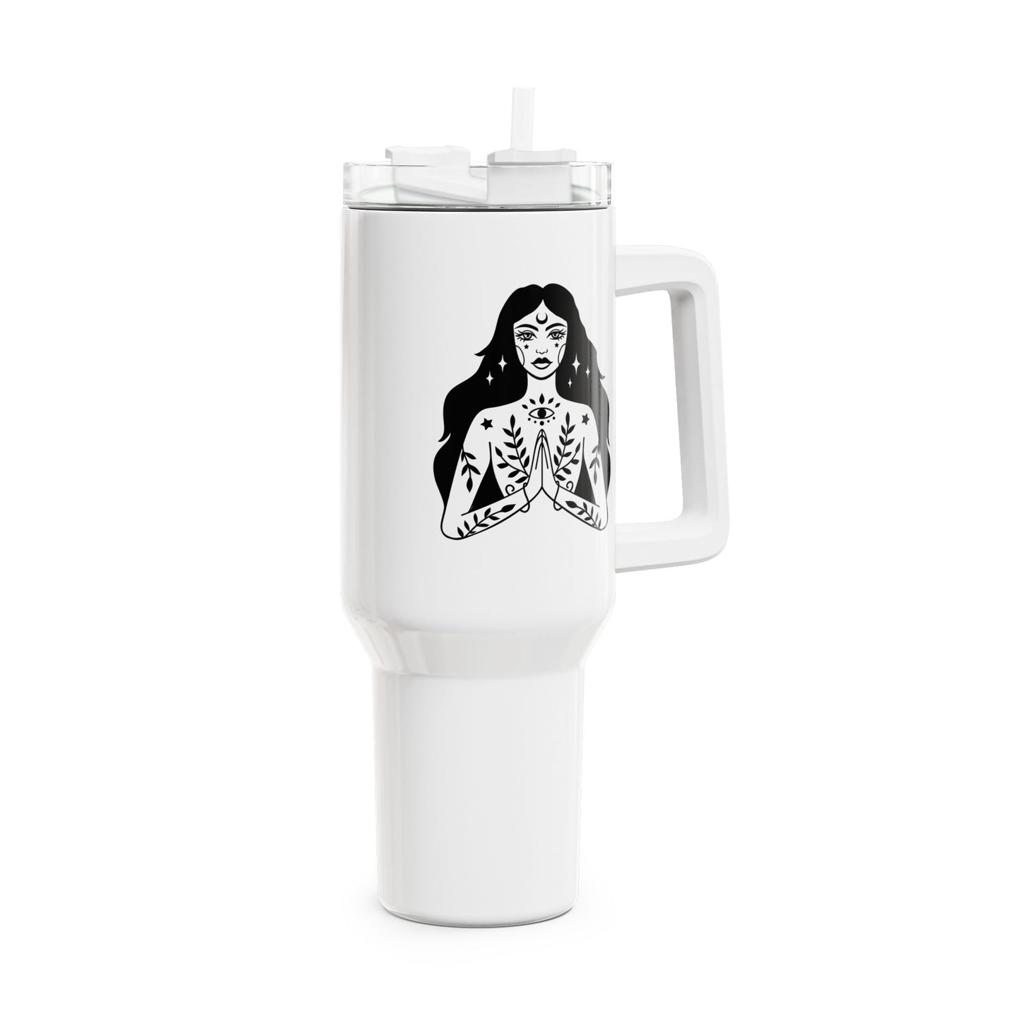 SPIRITUELLE FRAU ZEICHNUNG MOND STERNE • Tumbler mit Henkel & Strohhalm • XXL Reisebecher 1,2L - YOGA SANTA